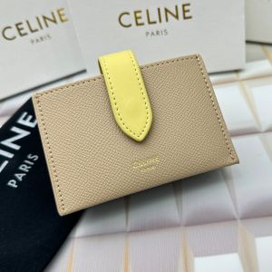 Celine Accordeon Card Holder in Bicolour Grained Calfskin Khaki/Lemon