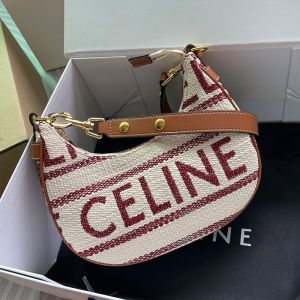 Celine Ava Bag in Striped Textile with Celine Jacquard and Calfskin White/Burgundy