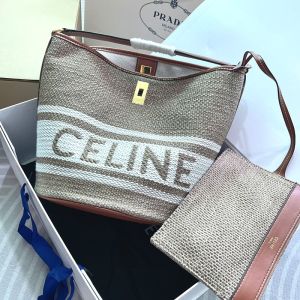 Celine Bucket 16 Bag in Striped Textile with Celine Jacquard and Calfskin Coffee/White