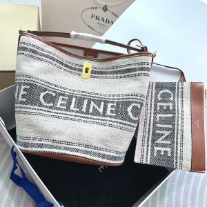 Celine Bucket 16 Bag in Striped Textile with Celine Jacquard and Calfskin White/Black