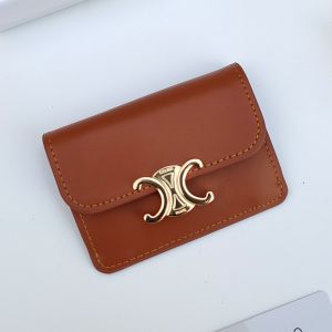 Celine Card Holder in Shiny Calfskin with Flap Triomphe Brown