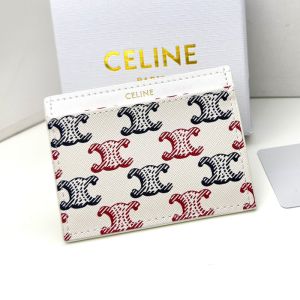 Celine Card Holder in Triomphe Canvas and Calfskin White/Burgundy