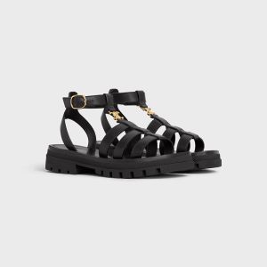 Celine Clea Triomphe Gladiator Chunky Sandals Women Calfskin with Ankle Strap Black