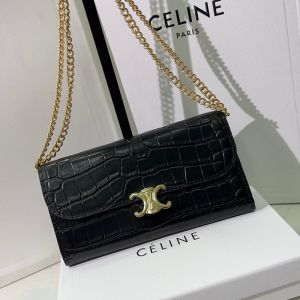 Celine Large Bi-Fold Chain Wallet in Crocodile Embossed Leather Black/Gold