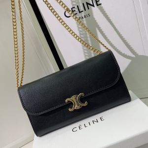 Celine Large Bi-Fold Chain Wallet in Grained Calfskin Black