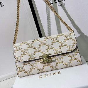 Celine Large Bi-Fold Chain Wallet in Triomphe Canvas White/Yellow