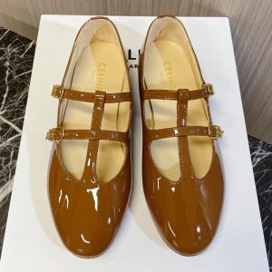 Celine Les Ballerines Flats Women Patent Calfskin with Triomphe Buckle Brown