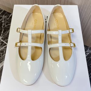 Celine Les Ballerines Flats Women Patent Calfskin with Triomphe Buckle White