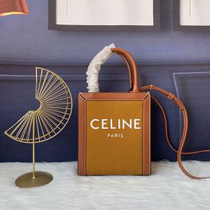 Celine Mini Vertical Cabas Bag in Canvas with Celine Print and Calfskin Orange/Brown