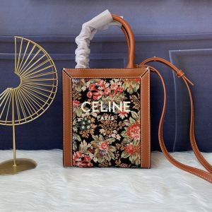 Celine Mini Vertical Cabas Bag in Floral Jacquard and Calfskin Black/Brown