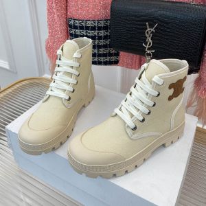 Celine Patapans Lace Up Boots Women Canvas with Triomphe Patch Beige
