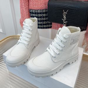 Celine Patapans Lace Up Boots Women Canvas with Triomphe Patch White