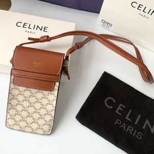 Celine Phone Pouch in Triomphe Canvas and Caflskin White/Brown