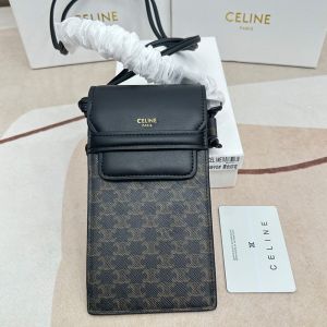 Celine Phone Pouch in Triomphe Canvas and Caflskin Black