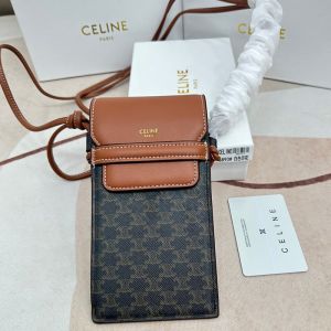 Celine Phone Pouch in Triomphe Canvas and Caflskin Black/Brown