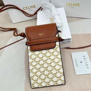 Celine Phone Pouch in Triomphe Canvas and Caflskin White/Yellow