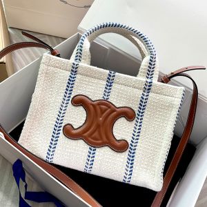 Celine Small Cabas Thais Bag in Striped Textile and Calfskin White