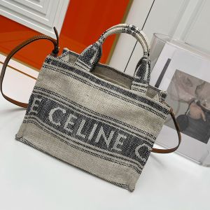Celine Small Cabas Thais Bag in Striped Textile with Celine Jacquard Grey