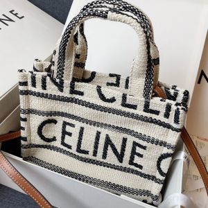 Celine Small Cabas Thais Bag in Textile with Celine Allover White/Black