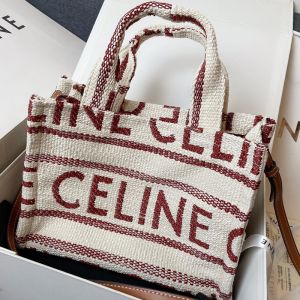 Celine Small Cabas Thais Bag in Textile with Celine Allover White/Burgundy