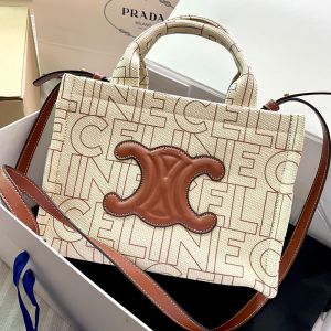 Celine Small Cabas Thais Bag in Textile with Cuir Triomphe and Celine Allover Print Beige