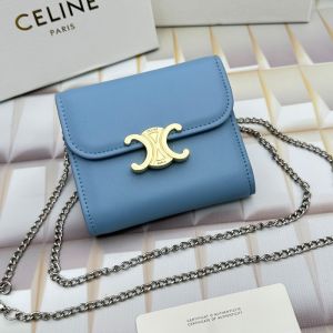 Celine Small Trifold Chain Wallet in Shiny Calfskin Blue