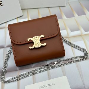Celine Small Trifold Chain Wallet in Shiny Calfskin Brown