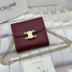 Celine Small Trifold Chain Wallet in Shiny Calfskin Burgundy