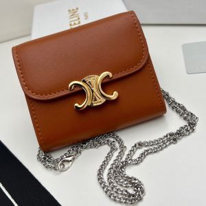 Celine Small Trifold Chain Wallet in Shiny Calfskin Caramel