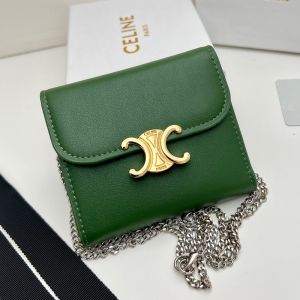 Celine Small Trifold Chain Wallet in Shiny Calfskin Green