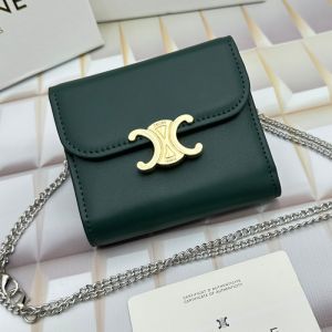 Celine Small Trifold Chain Wallet in Shiny Calfskin Military Green