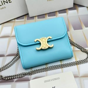 Celine Small Trifold Chain Wallet in Shiny Calfskin Sky Blue