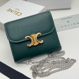 Celine Small Trifold Chain Wallet in Shiny Calfskin Teal