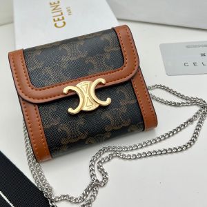 Celine Small Triomphe Chain Wallet in Triomphe Canvas and Calfskin Black/Brown