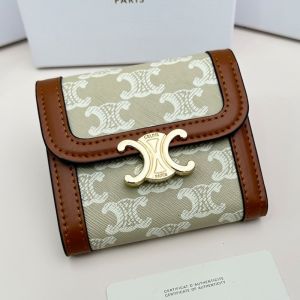Celine Small Triomphe Wallet in Triomphe Canvas and Calfskin Beige/Brown