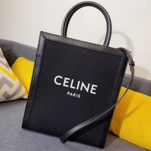 Celine Small Vertical Cabas Bag in Textile with Celine Paris Print Black