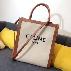 Celine Small Vertical Cabas Bag in Textile with Celine Paris Print White