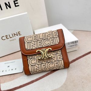 Celine Small Tri-Fold Wallet Triomphe in Textile Celine All Over Print Apricot/Brown