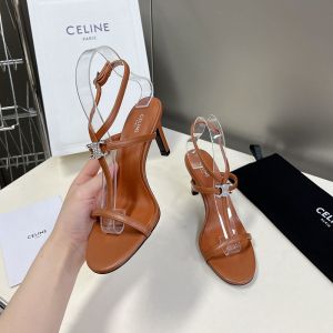 Celine T-bar Crystal Triomphe Sandals Women Calfskin with Ankle Strap Brown