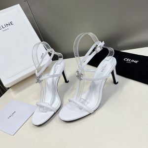 Celine T-bar Crystal Triomphe Sandals Women Calfskin with Ankle Strap White