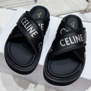 Celine Tippi Cross-Strap Platform Slides Women Mesh and Textile with Celine Jacquard Black