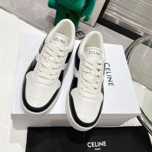 Celine Trainer Low Lace-Up Sneakers Unisex Calfskin and Laminated Calfskin Black/White