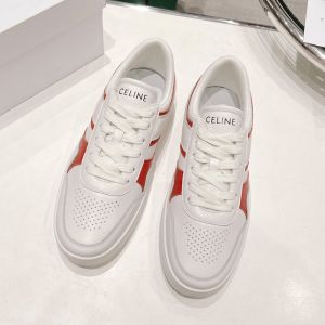 Celine Trainer Low Lace-Up Sneakers Unisex Calfskin and Laminated Calfskin White/Red