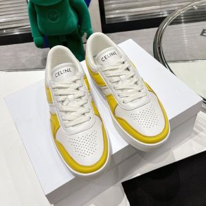 Celine Trainer Low Lace-Up Sneakers Unisex Calfskin and Laminated Calfskin White/Yellow