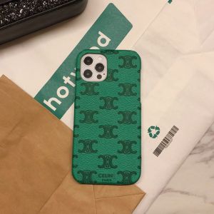 Celine Triomphe iPhone Case in Leather with Signature Print Green