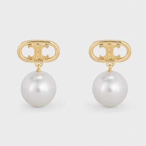 Celine Triomphe Pearl Earrings in Brass Gold