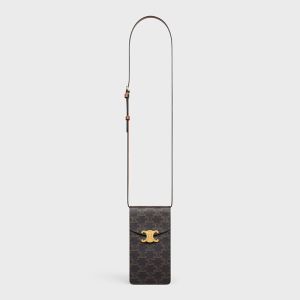 Celine Vertical Phone Pouch Triomphe in Triomphe Canvas and Calfskin Black