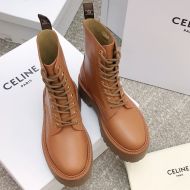 Celine Bulky Lace-Up Boots Women Shiny Bullskin with Triomphe Brown