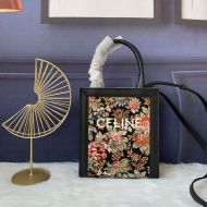 Celine Mini Vertical Cabas Bag in Floral Jacquard and Calfskin Black