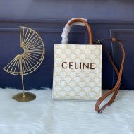 Celine Mini Vertical Cabas Bag in Triomphe Canvas and Calfskin with Celine Print White